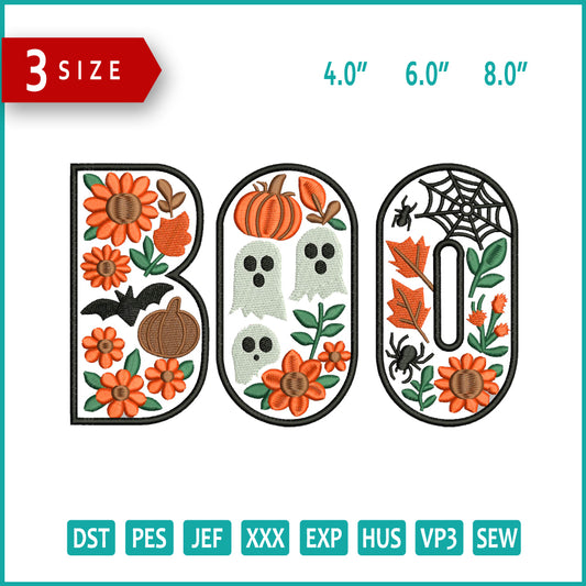 Floral Boo Embroidery Design Files - 3 Size's
