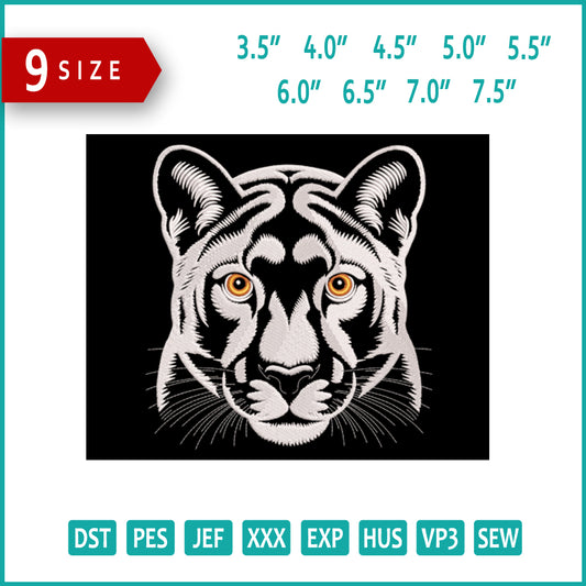 White Panther Head Embroidery Design Files - 9 Size's