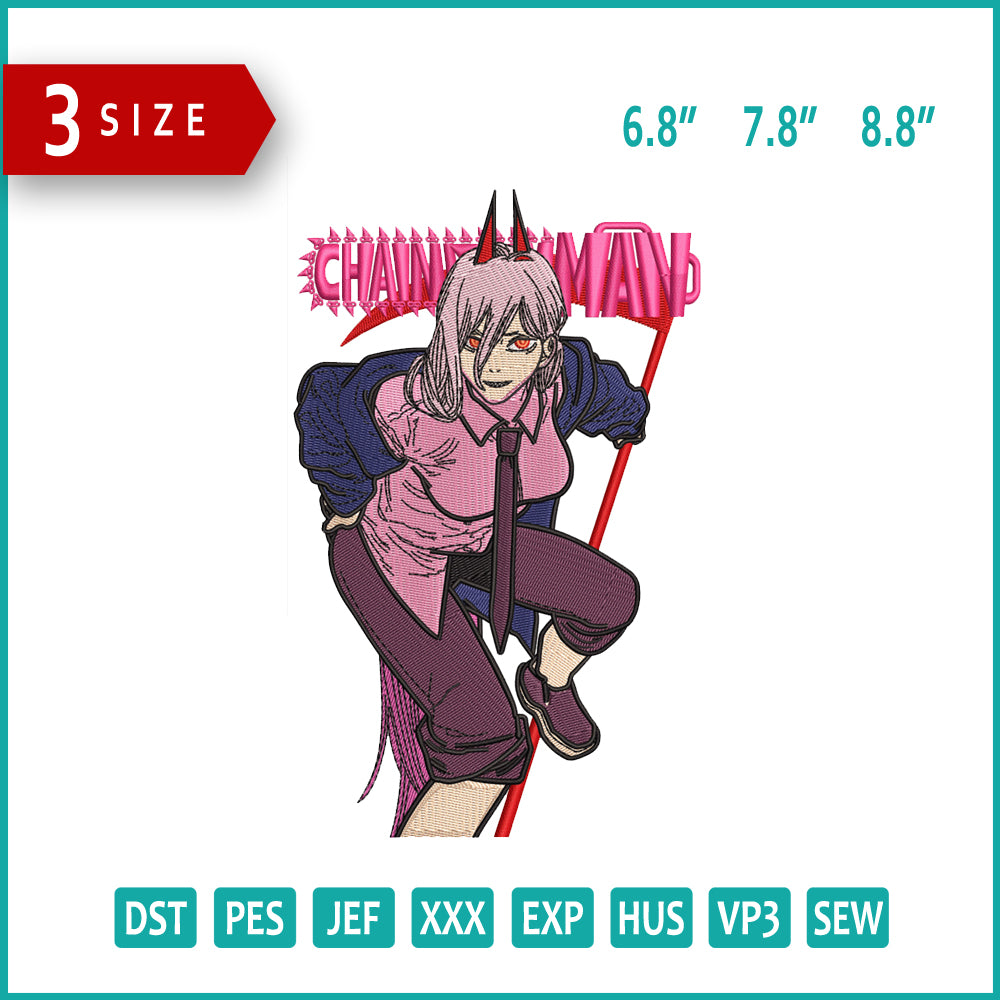 Chainsaw Man Power Embroidery Design Files - 3 Size's