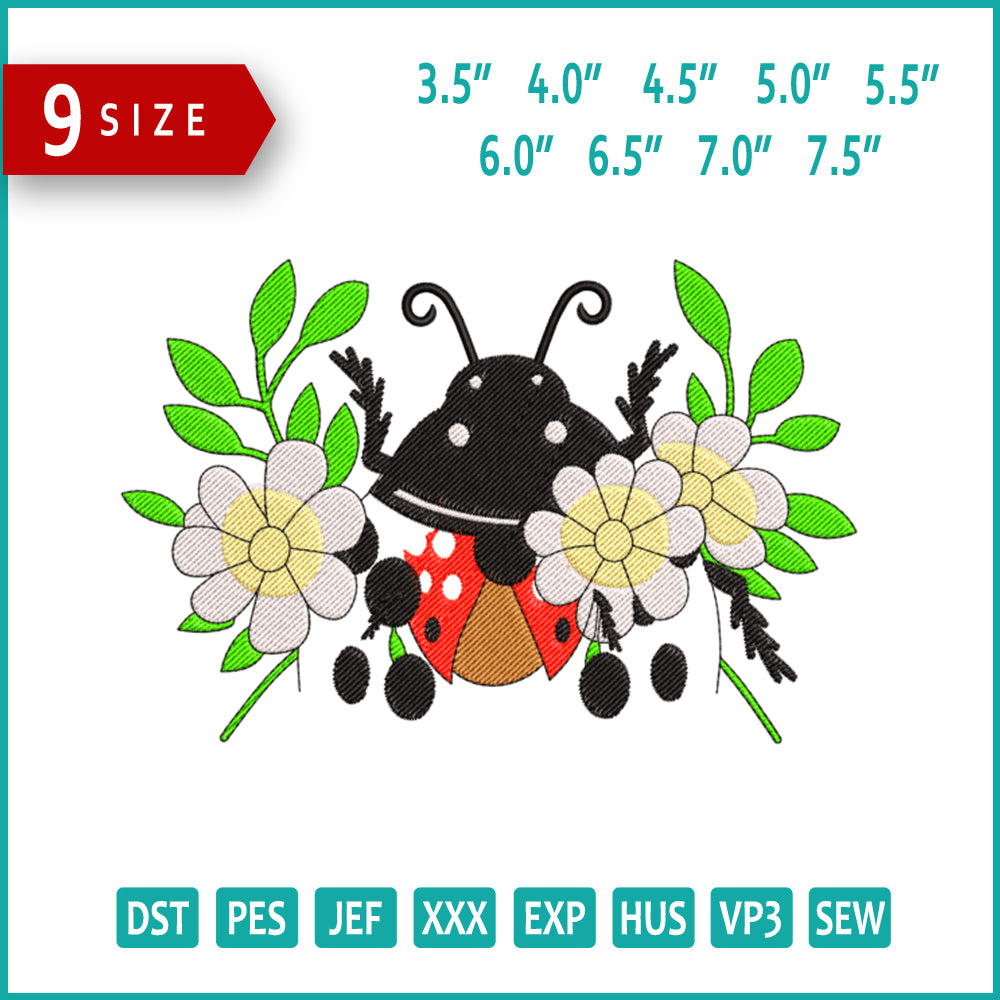 Floral Ladybug Embroidery Design Files - 9 Size's