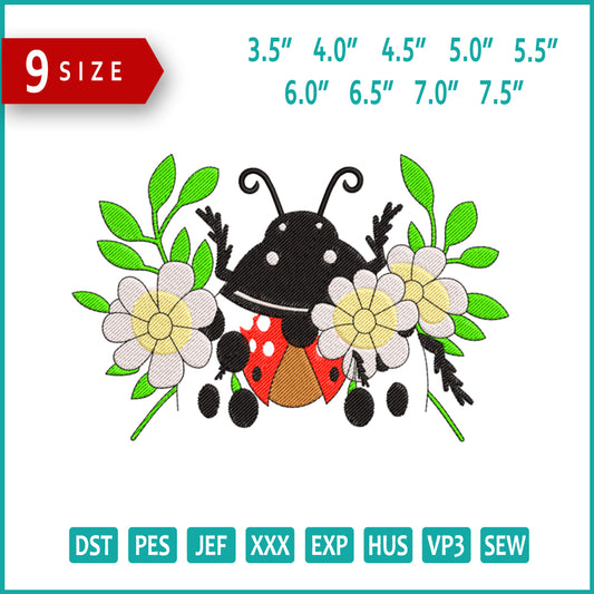 Floral Ladybug Embroidery Design Files - 9 Size's