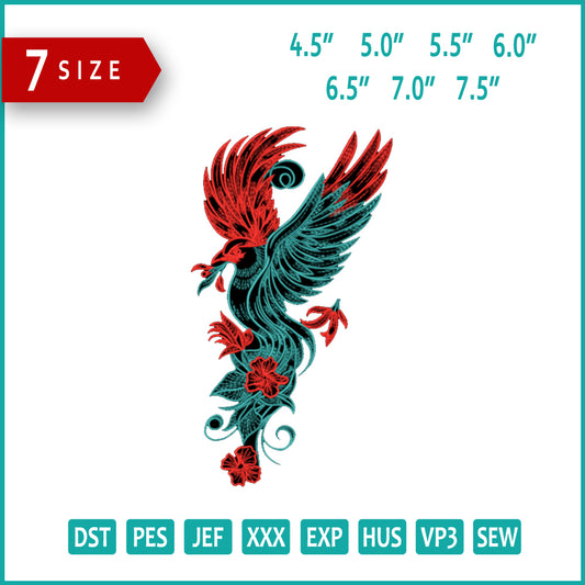 Phoenix with Floral Accents Embroidery Design Files - 7 Size's