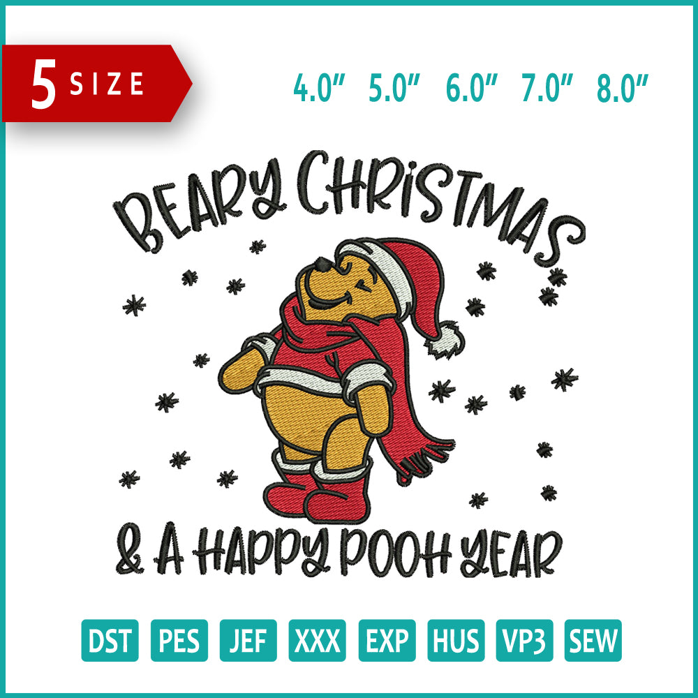 Beary Christmas & a Happy Pooh Year Embroidery Design Files - 5 Size's