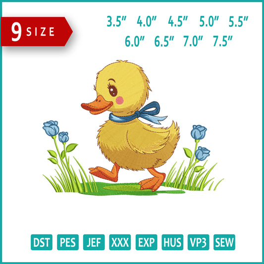 Duckling with Blue Bow Embroidery Design Files - 9 Size's
