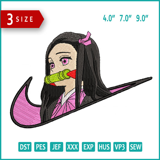 Nezuko Kamado Swoosh v3 Embroidery Design Files - 3 Sizes