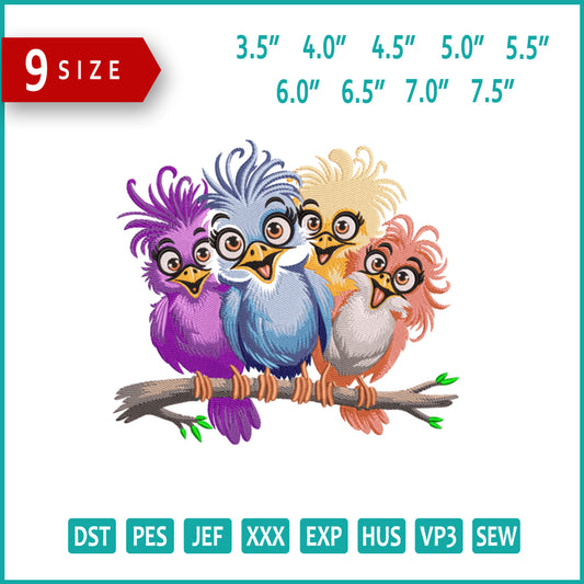 Colorful Nerdy Birds Embroidery Design Files - 9 Size's