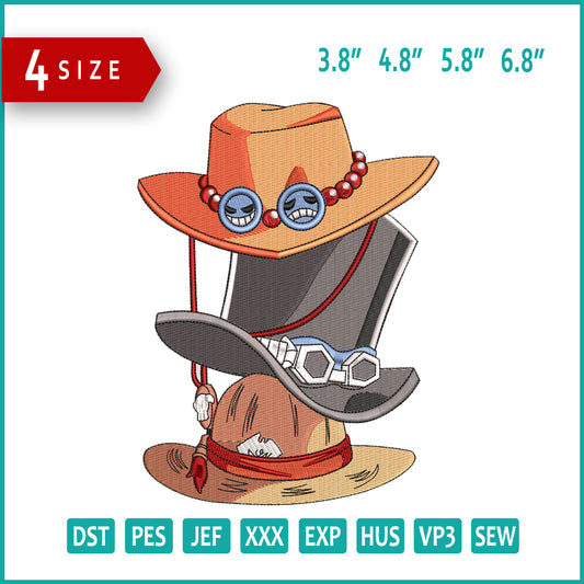 Luffy Ace Sabo Hats Embroidery Design Files - 4 Size's