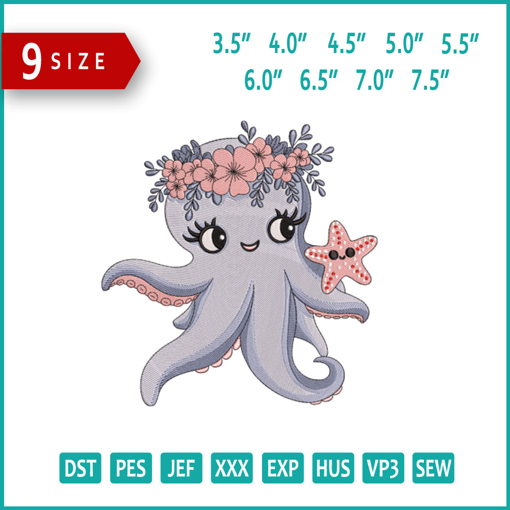 Octopus Floral Crown Embroidery Design Files - 9 Size's