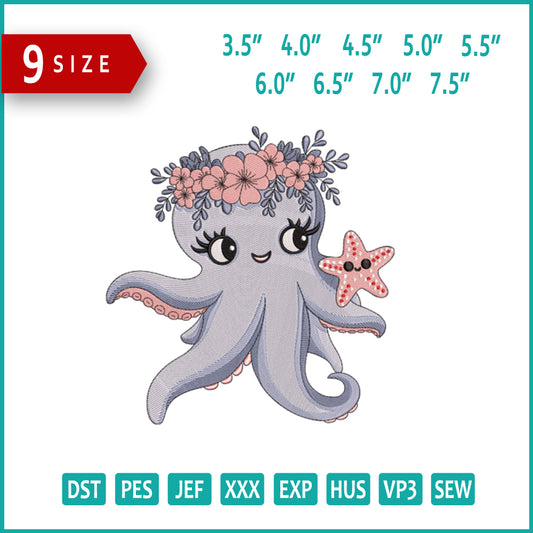 Octopus Floral Crown Embroidery Design Files - 9 Size's