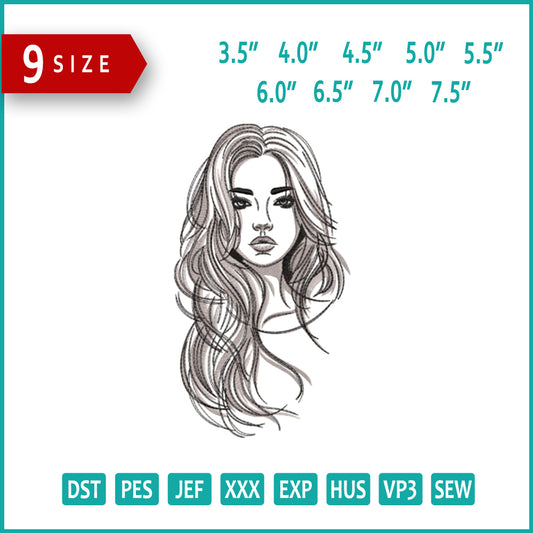 Woman with Flowing Hair Embroidery Design Files - 9 Size's