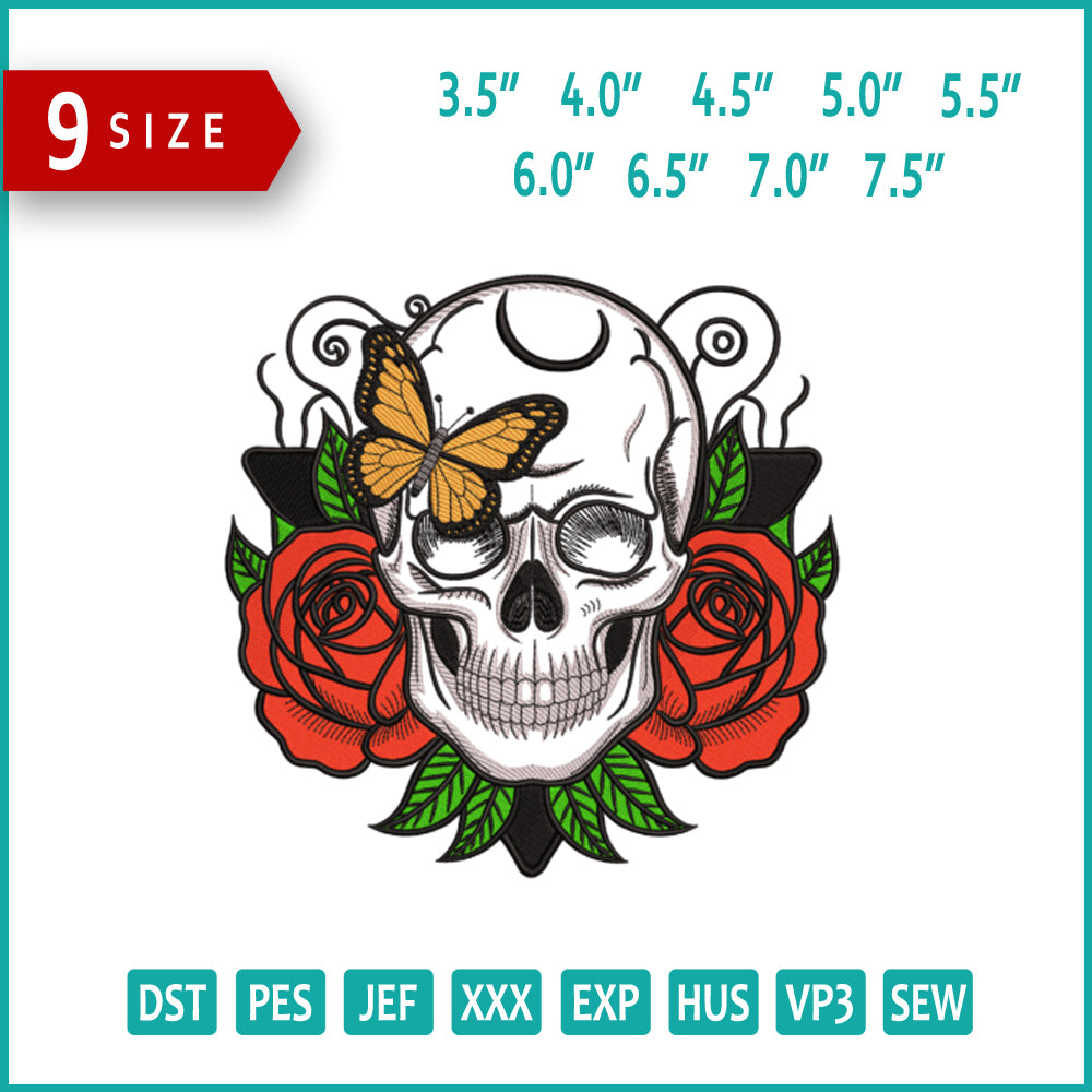 Skull Roses Embroidery Design Files - 9 Size's