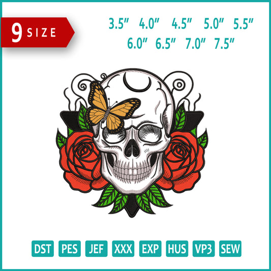 Skull Roses Embroidery Design Files - 9 Size's
