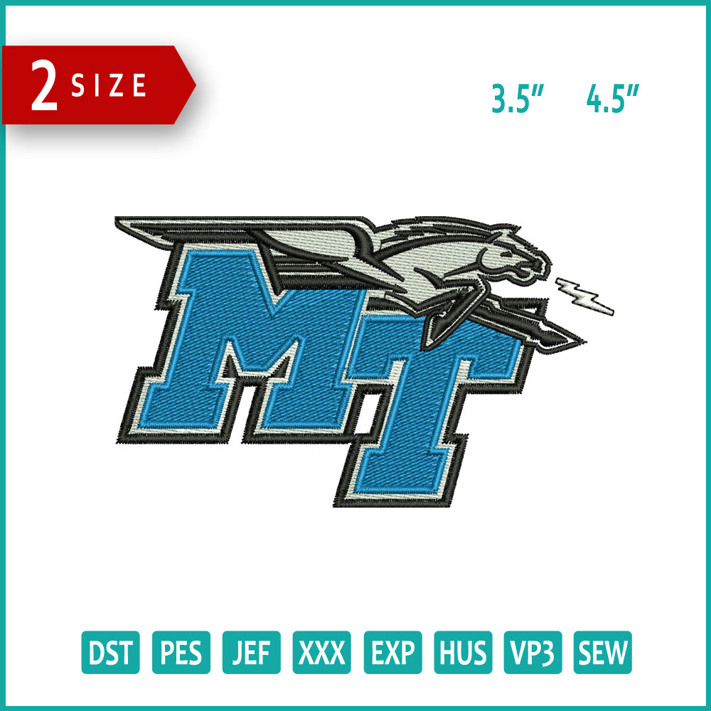 Middle Tennessee Blue Raiders Logo Embroidery Design Files - 2 Size's