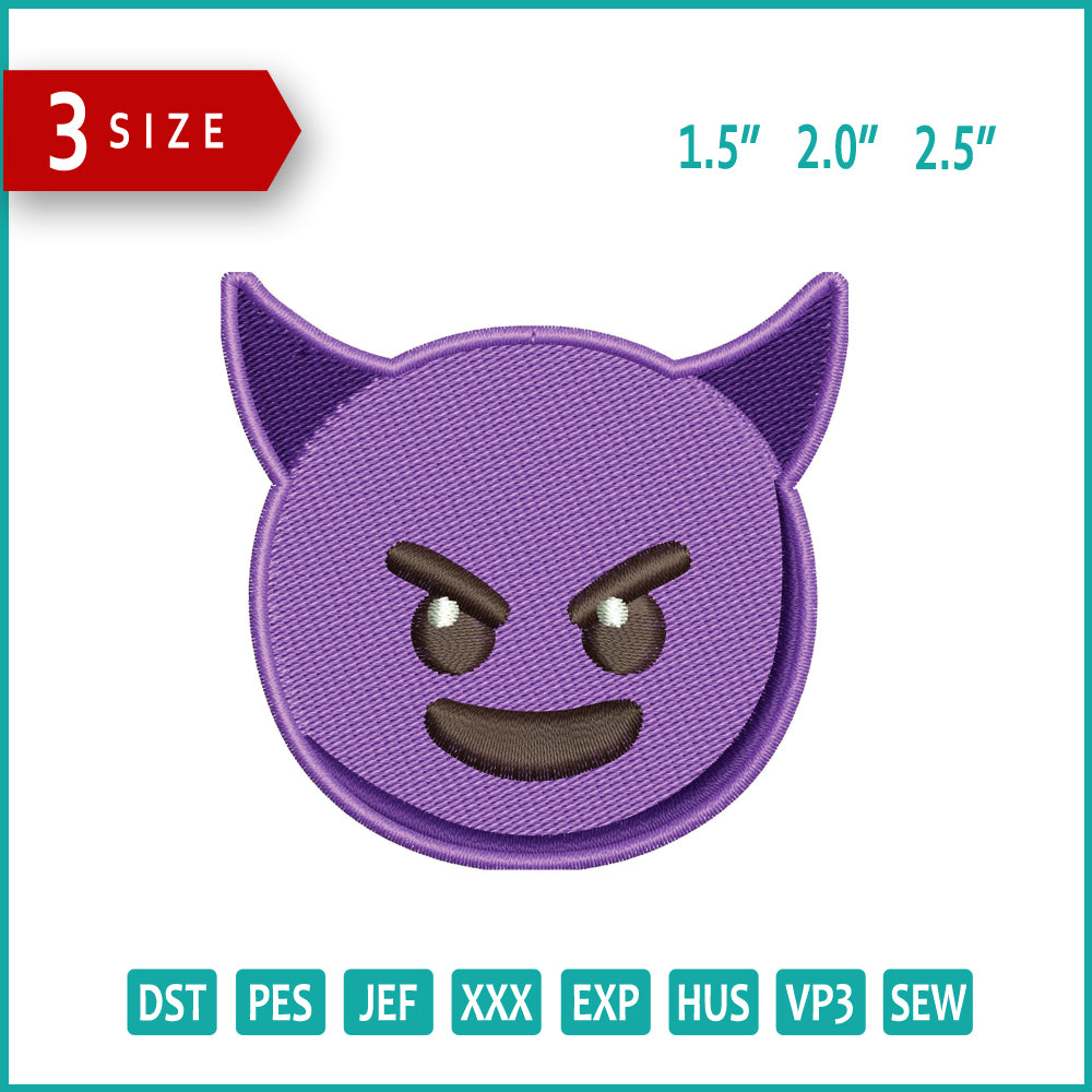Smiling Face with Horns Emoji Embroidery Design Files - 3 Size's
