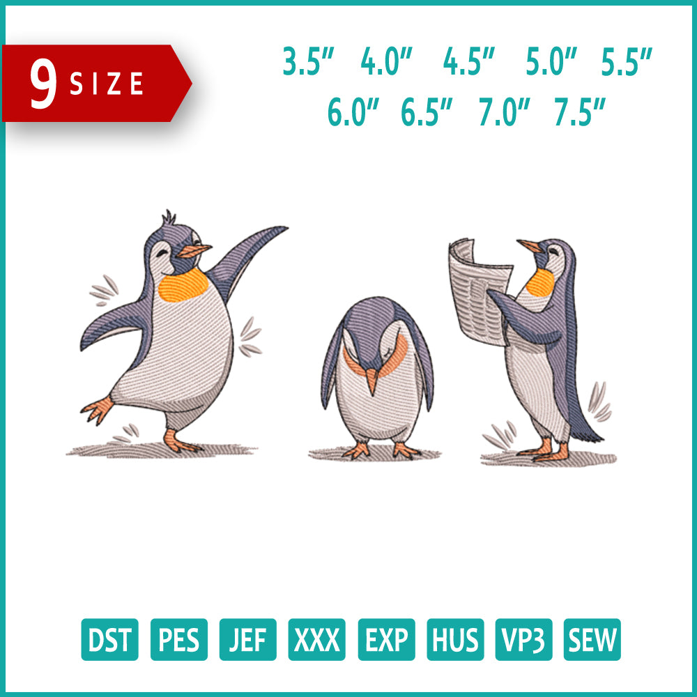 Playful Penguins Embroidery Design Files - 9 Size's
