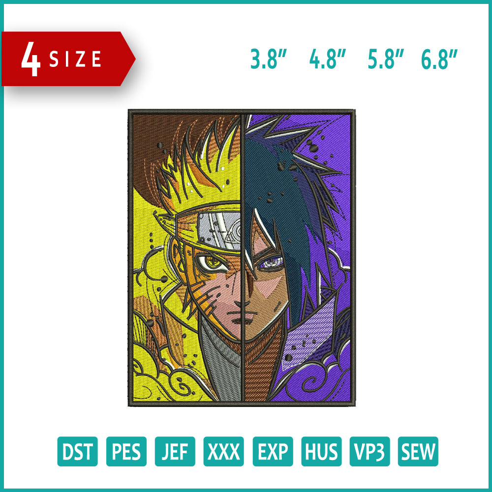 Naruto and Sasuke Half Face Embroidery Design Files - 4 Size's