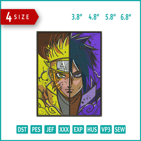 Naruto and Sasuke Half Face Embroidery Design Files - 4 Size's