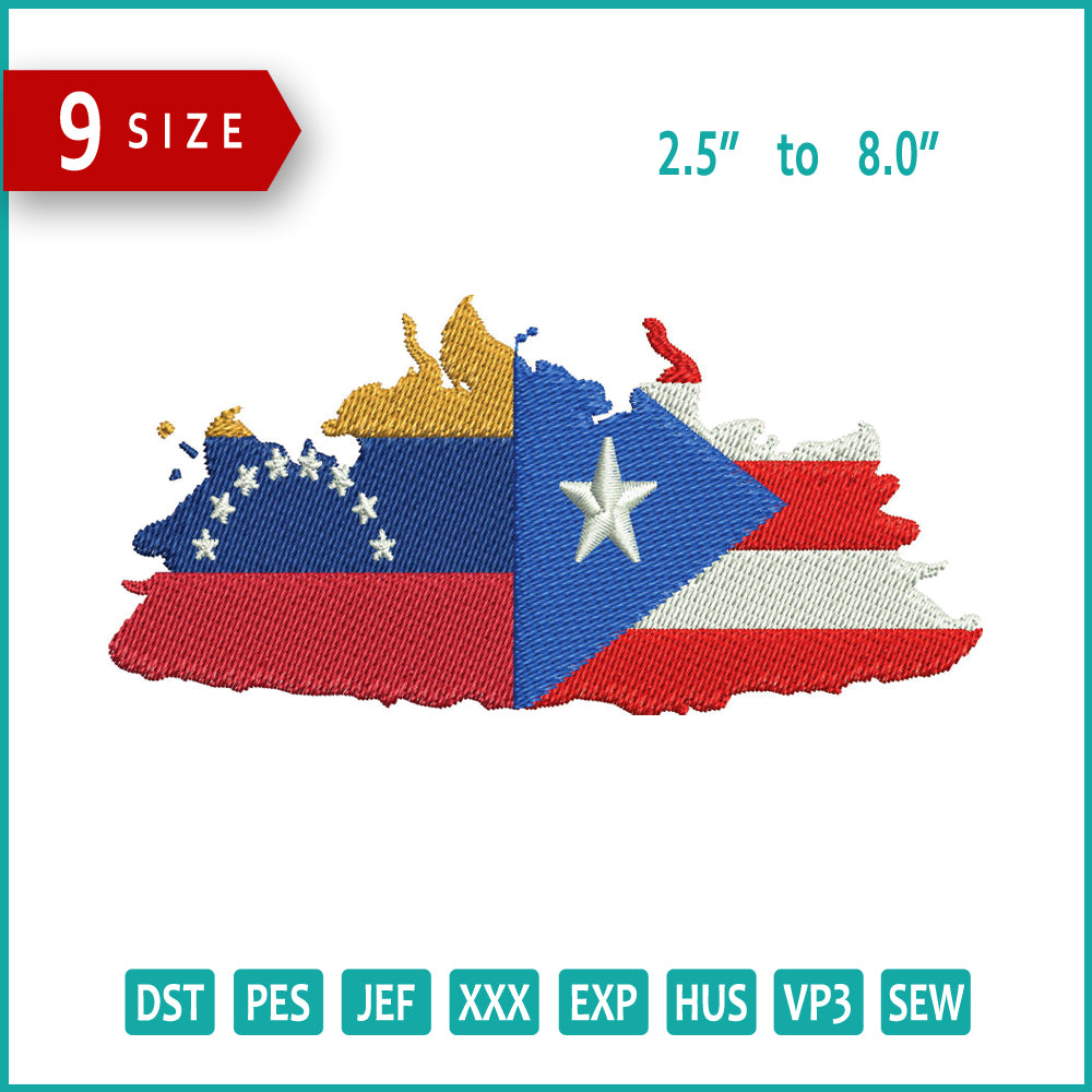 Venezuela x Puerto Rico Flag Embroidery Design Files - 9 Size's