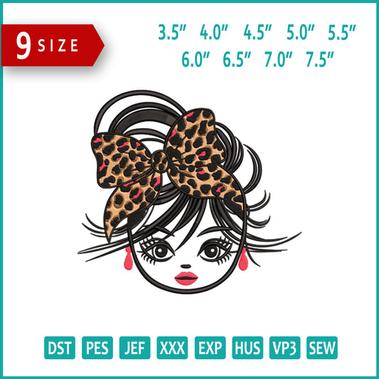 Girl with Leopard Bow Embroidery Design Files - 9 Size's