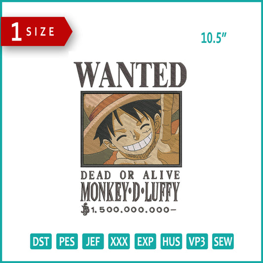 Wanted Bounty Luffy Embroidery Design Files - 1 Size