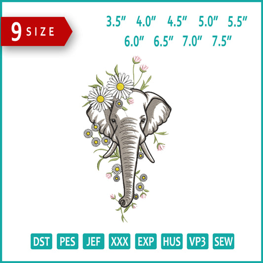 Elephant in Bloom Embroidery Design Files - 9 Size's