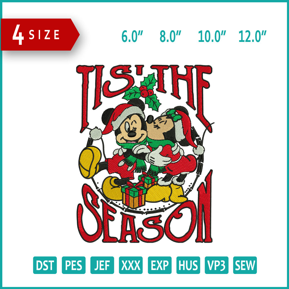 Tis The Season Mickey Mouse Embroidery Design Files - 4 Size's