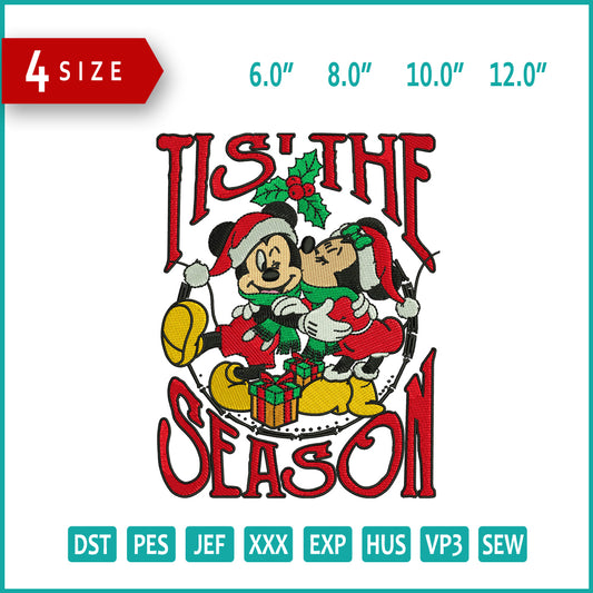 Tis The Season Mickey Mouse Embroidery Design Files - 4 Size's