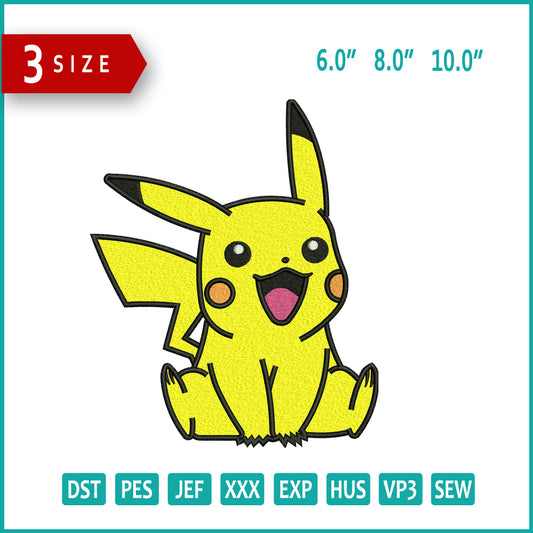 Pikachu Embroidery Design Files - 3 Size's