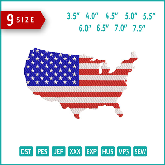 United States of America Map Flag Embroidery Design Files - 9 Size's