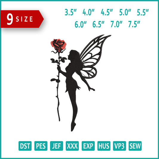 Fairy with a Rose Embroidery Design Files - 9 Size's
