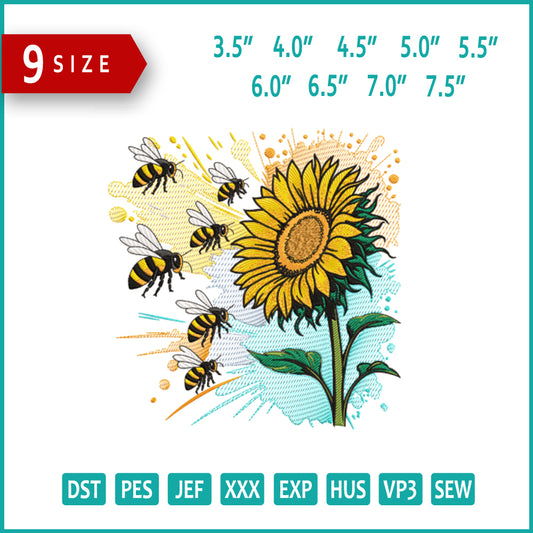 Sunflower Bee Embroidery Design Files - 9 Size's