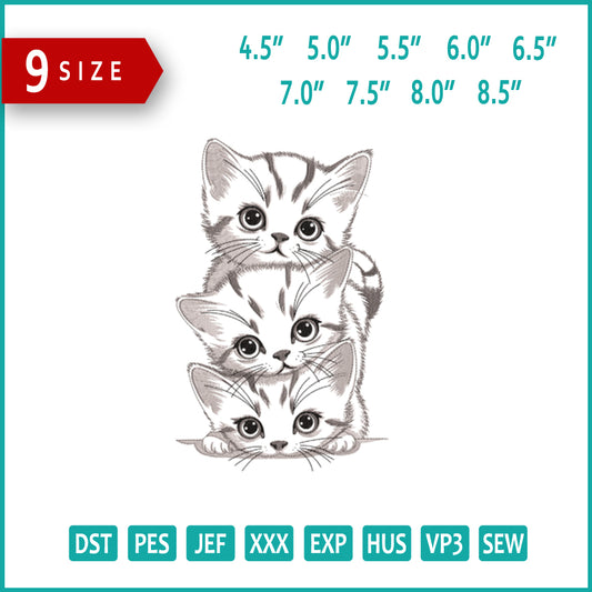 3 Cute Cats Embroidery Design Files - 9 Size's
