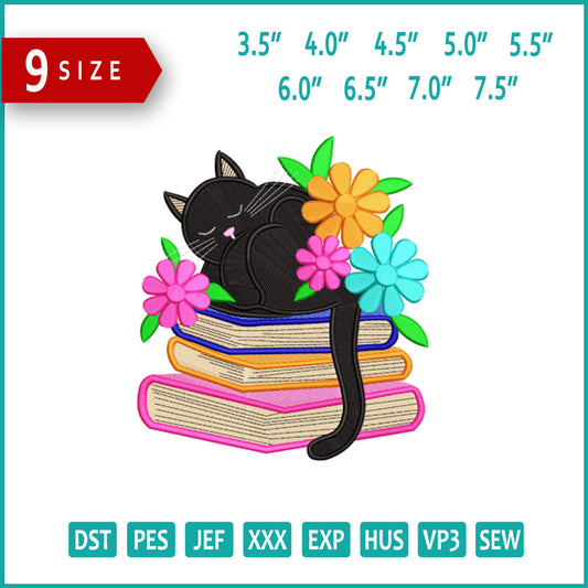 Cat with Books Embroidery Design Files - 9 Size's