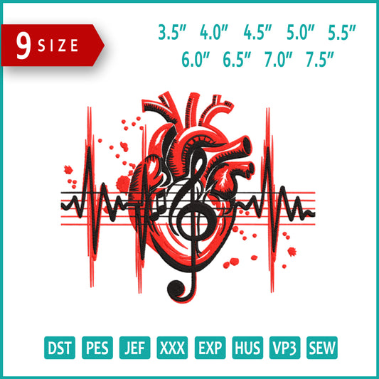 Heartbeat of Music Embroidery Design Files - 9 Size's