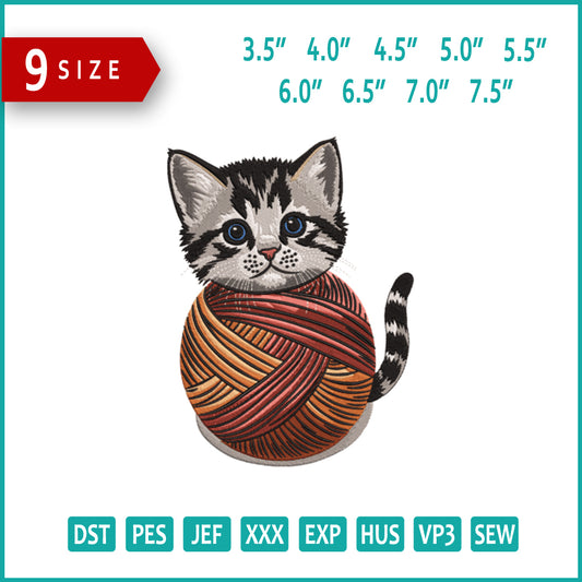 Kitten in a Yarn Ball Embroidery Design Files - 9 Size's