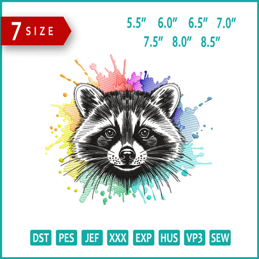Rainbow Splash Raccoon Embroidery Design Files - 7 Size's