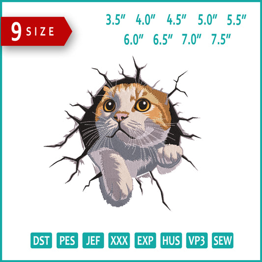 Cat Entering Into Wall Embroidery Design Files - 9 Size's