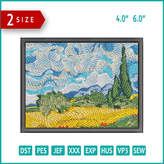 Wheat Field with Cypresses Embroidery Design Files - 2 Size's