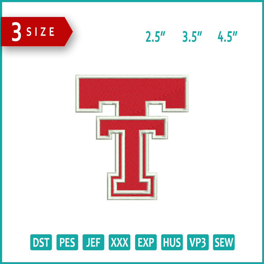 Tech Red Raiders Logo Embroidery Design Files - 3 Size's
