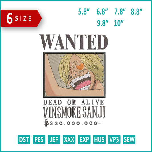 Wanted Vinsmoke Sanji Embroidery Design Files - 6 Size's