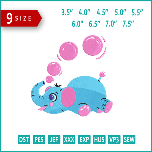 Elephant with Bubbles Embroidery Design Files - 9 Size's