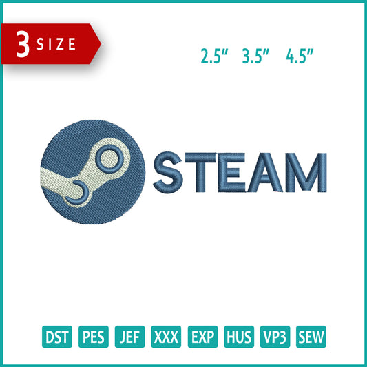 Steam Logo Embroidery Design Files - 3 Size's