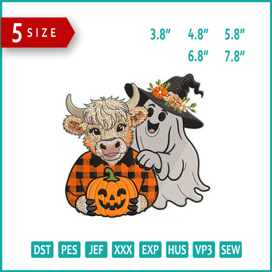 Fall Cow Ghost Embroidery Design Files - 5 Size's