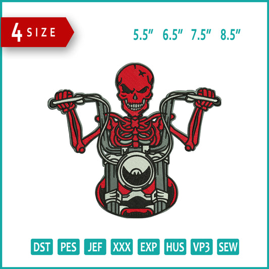 Skull Riding Motorcycle Embroidery Design Files - 4 Size's