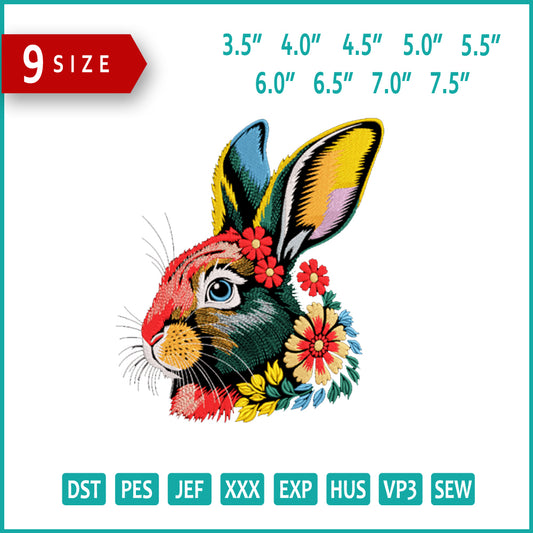 Floral Bunny Head Embroidery Design Files - 9 Size's