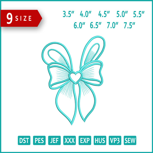 Whimsical Heart Bow Embroidery Design Files - 9 Size's