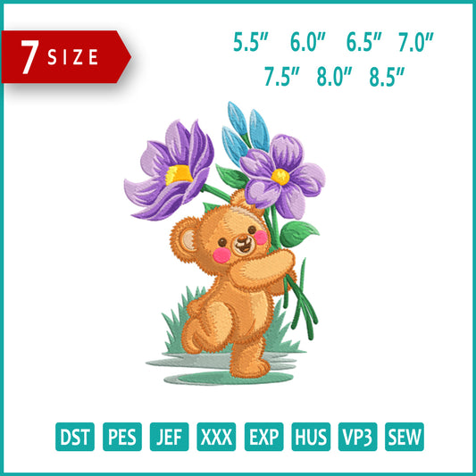 Teddy Bear with Flowers Embroidery Design Files - 7 Size's