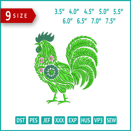 Floral Rooster Embroidery Design Files - 9 Size's
