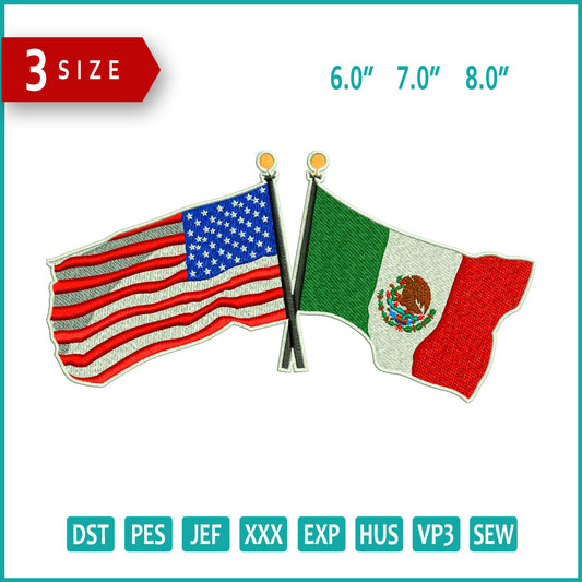 Mexico & USA Flag v2 Embroidery Design Files - 3 Size's
