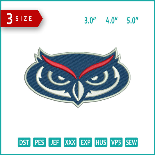 Florida Atlantic Owls Logo Embroidery Design Files - 3 Size's